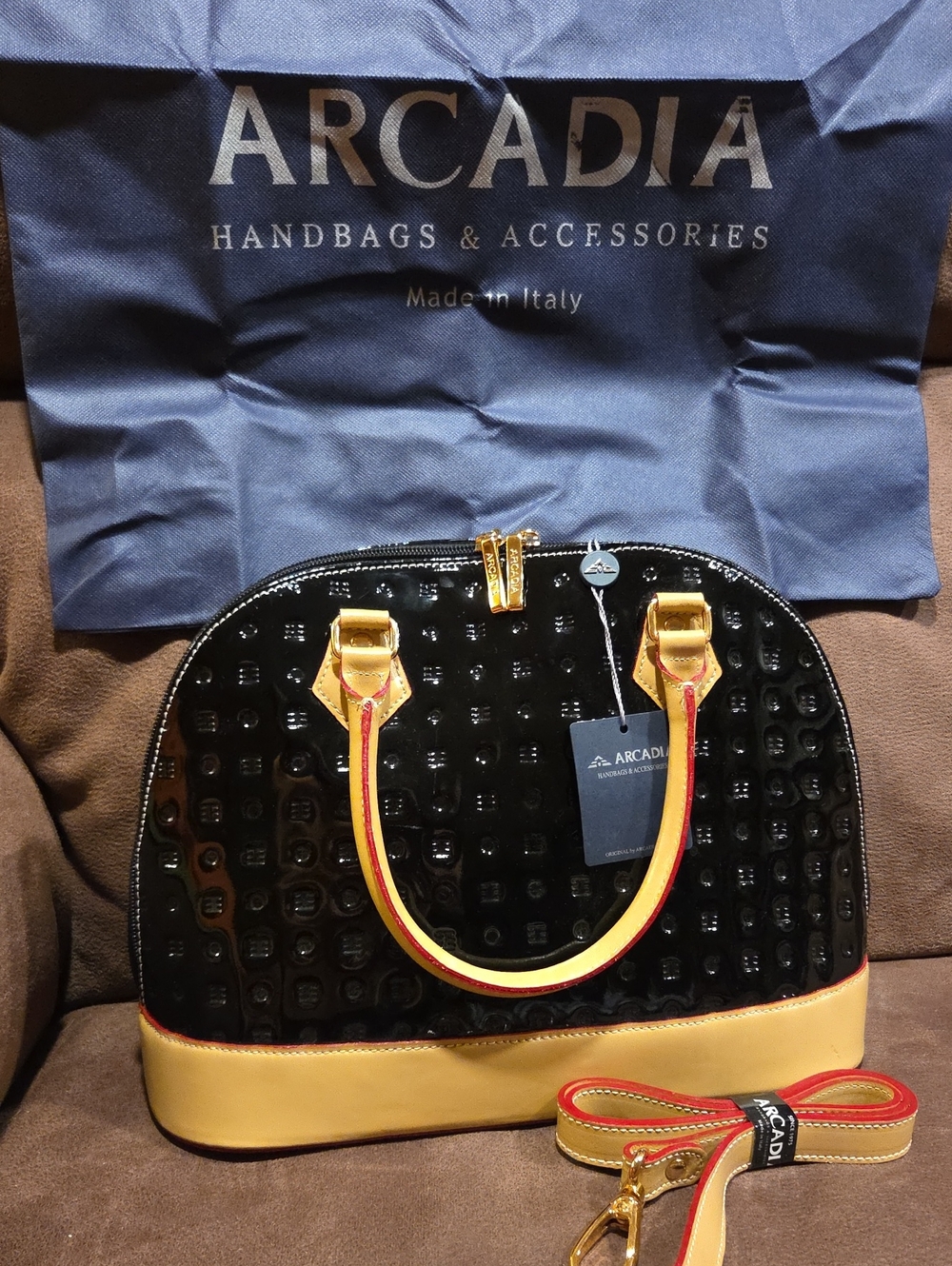 Arcadia Black Patent Dome Satchel with Yellow and Red Trim